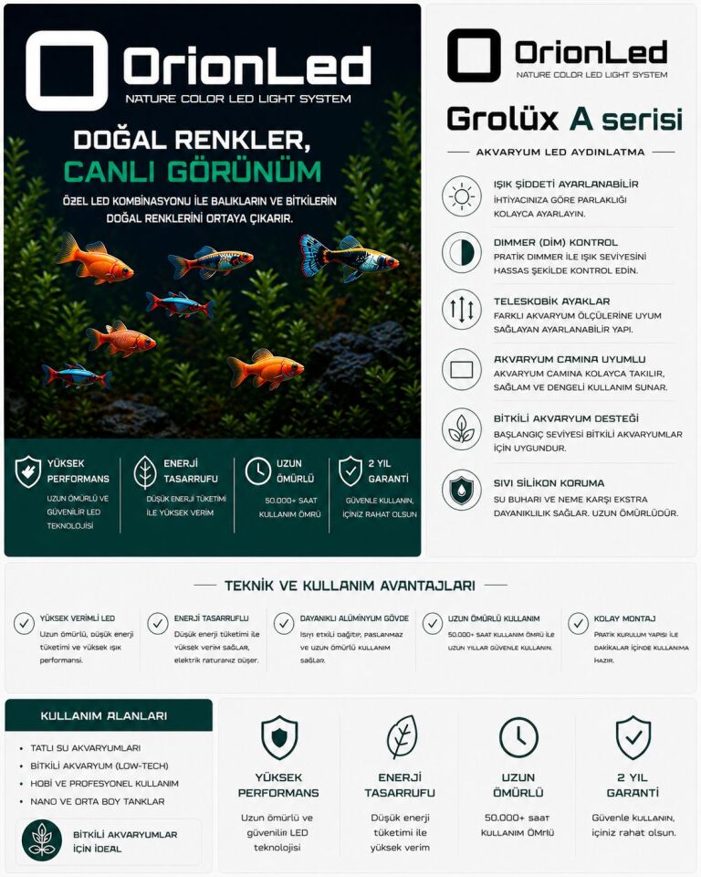OrionLed Grolux Serisi A Akvaryum LED Aydınlatma 100 cm / 105-115 cm Akvaryumlar için