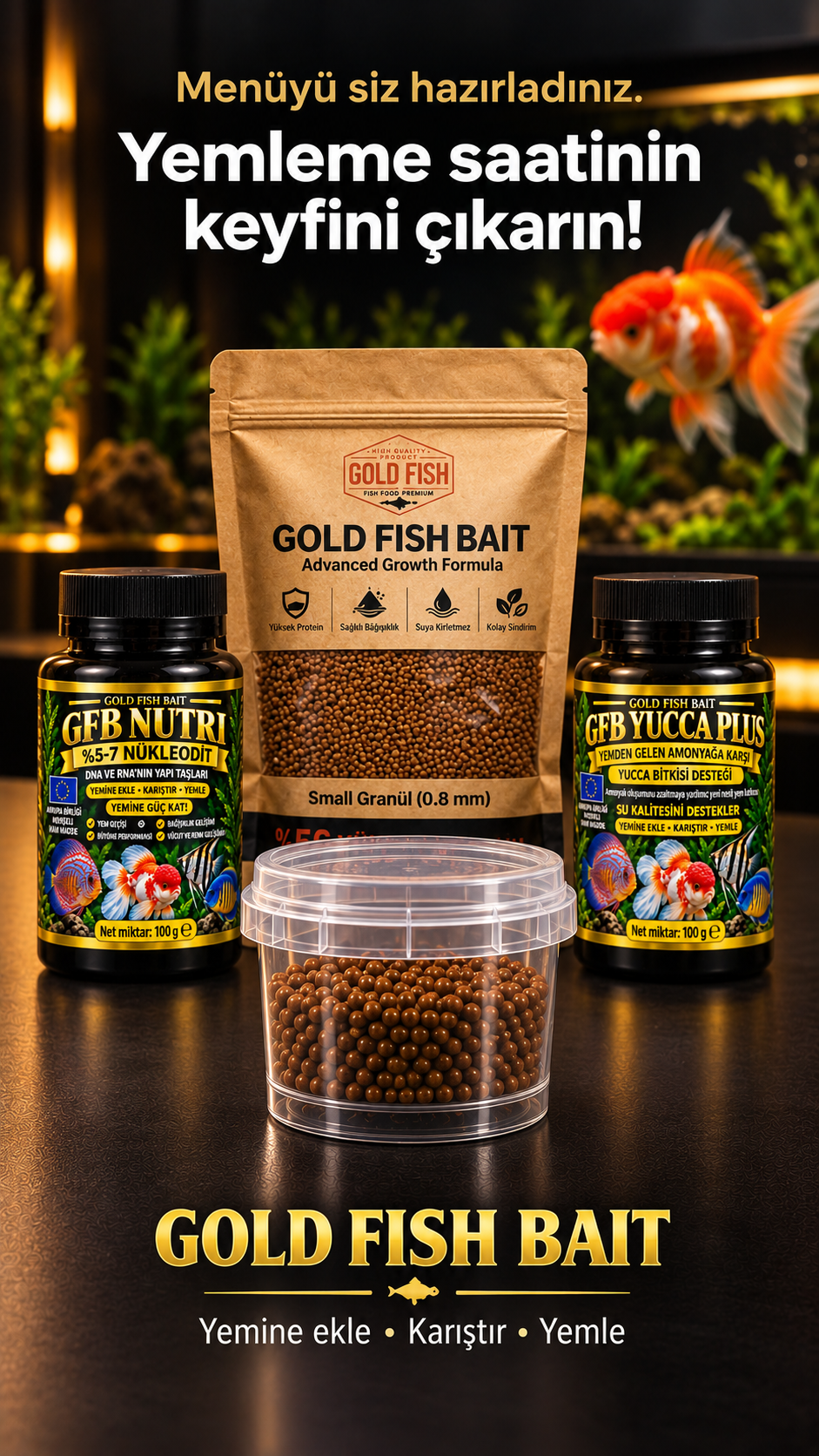 Gold Fish Bait Premium Beslenme Kiti – Yem, Nutri ve Yucca Plus